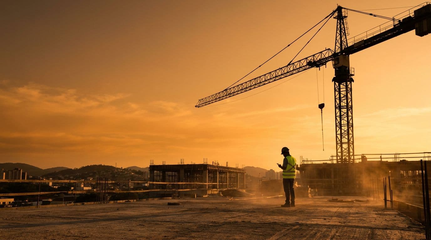 Canteiro de obras ao entardecer, com grua e um trabalhador na laje