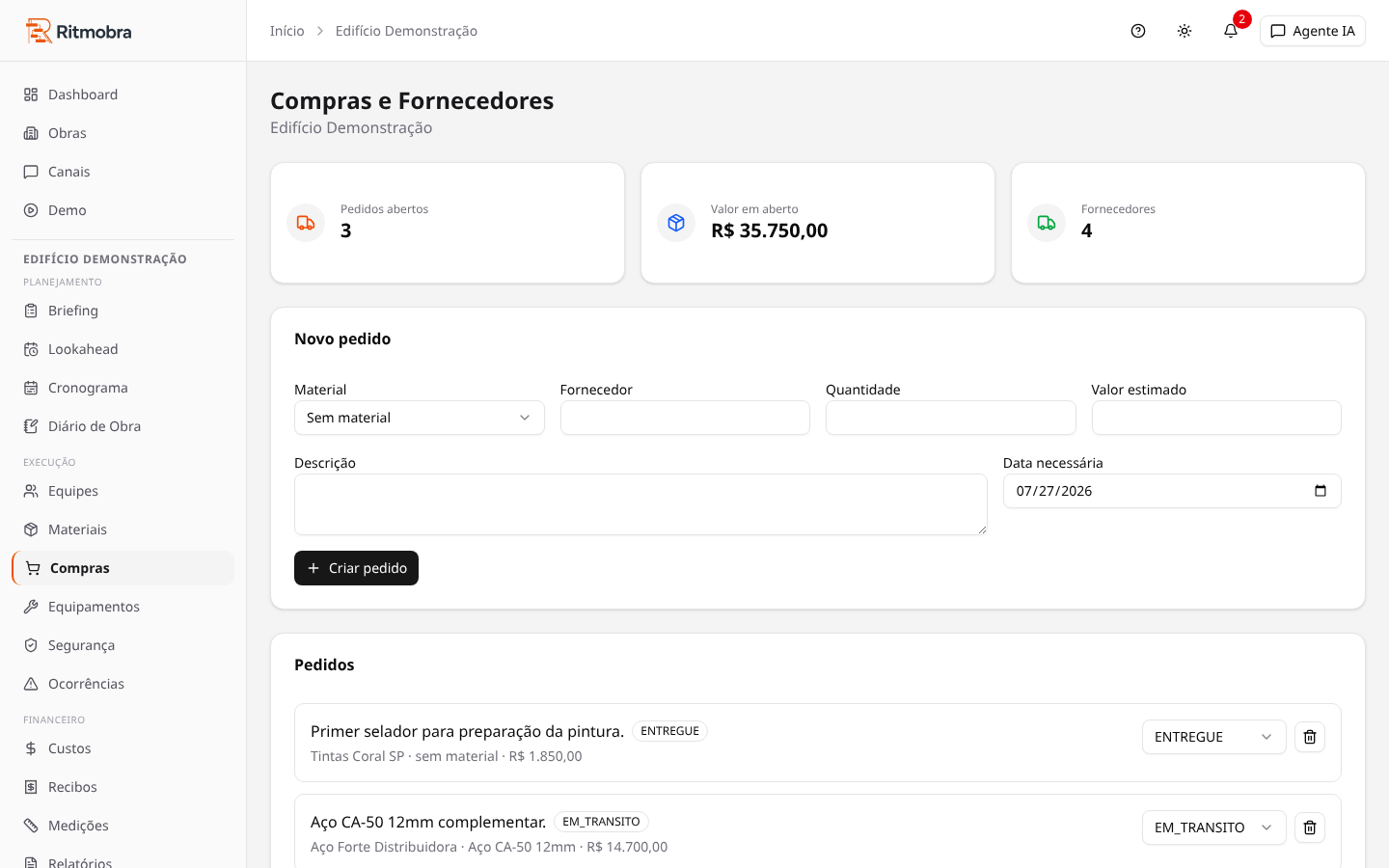 Lista de pedidos com KPIs