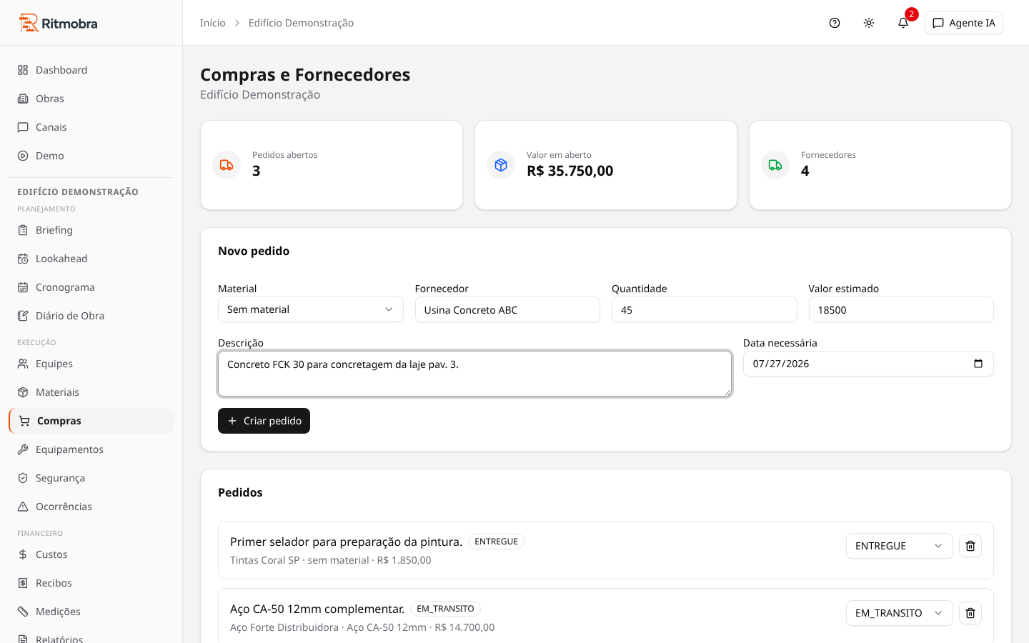 Formulário novo pedido