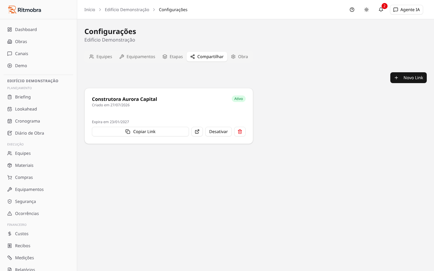 Token gerado em Configurações